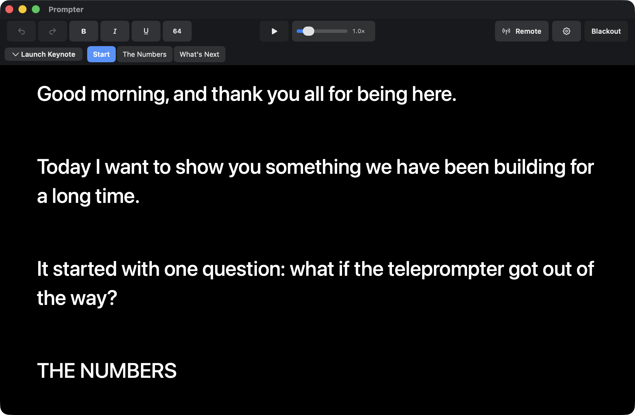 The PromptMe operator window: a script picker and section tabs above a black canvas of large white teleprompter text, with transport and blackout controls in the toolbar.